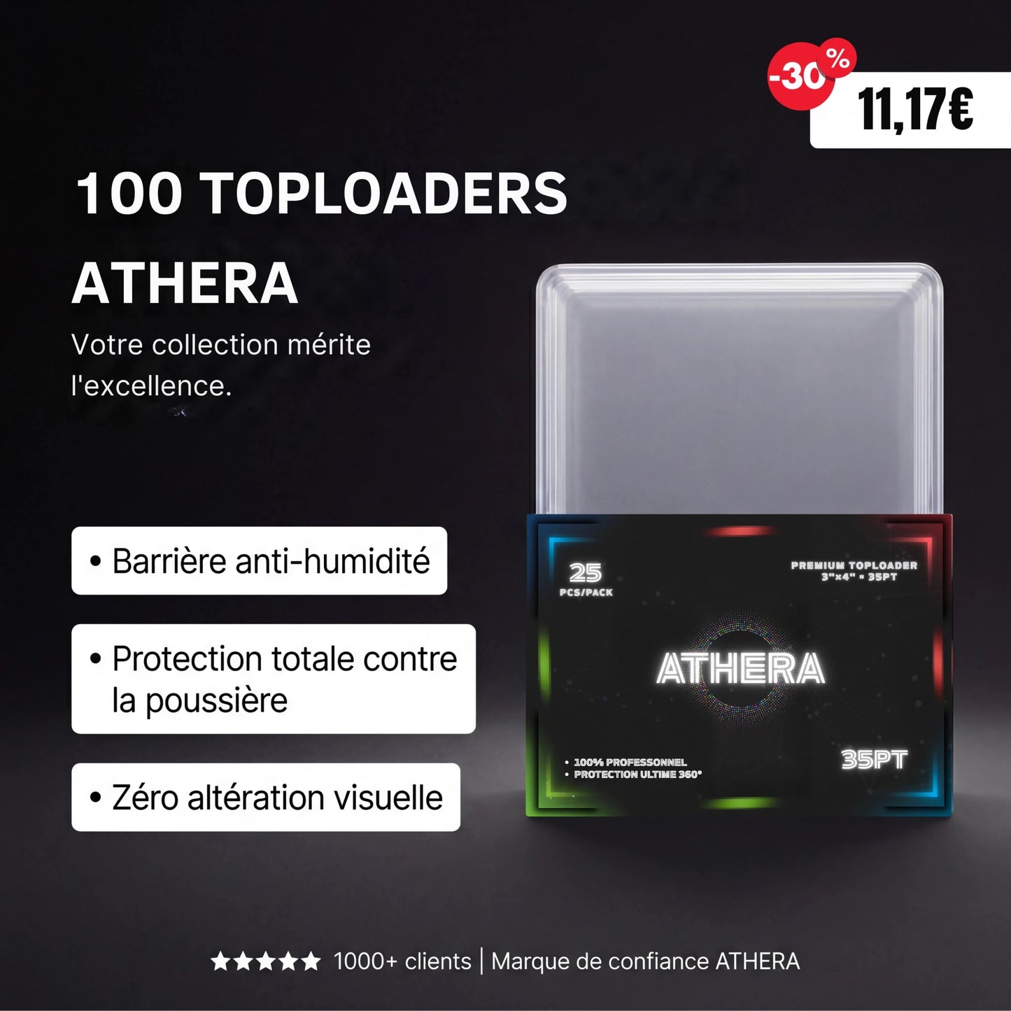 Pack 100 : Toploaders ATHERA (x100) - Pack Master Collection - Protection Totale Cartes 35PT - ATHERA360