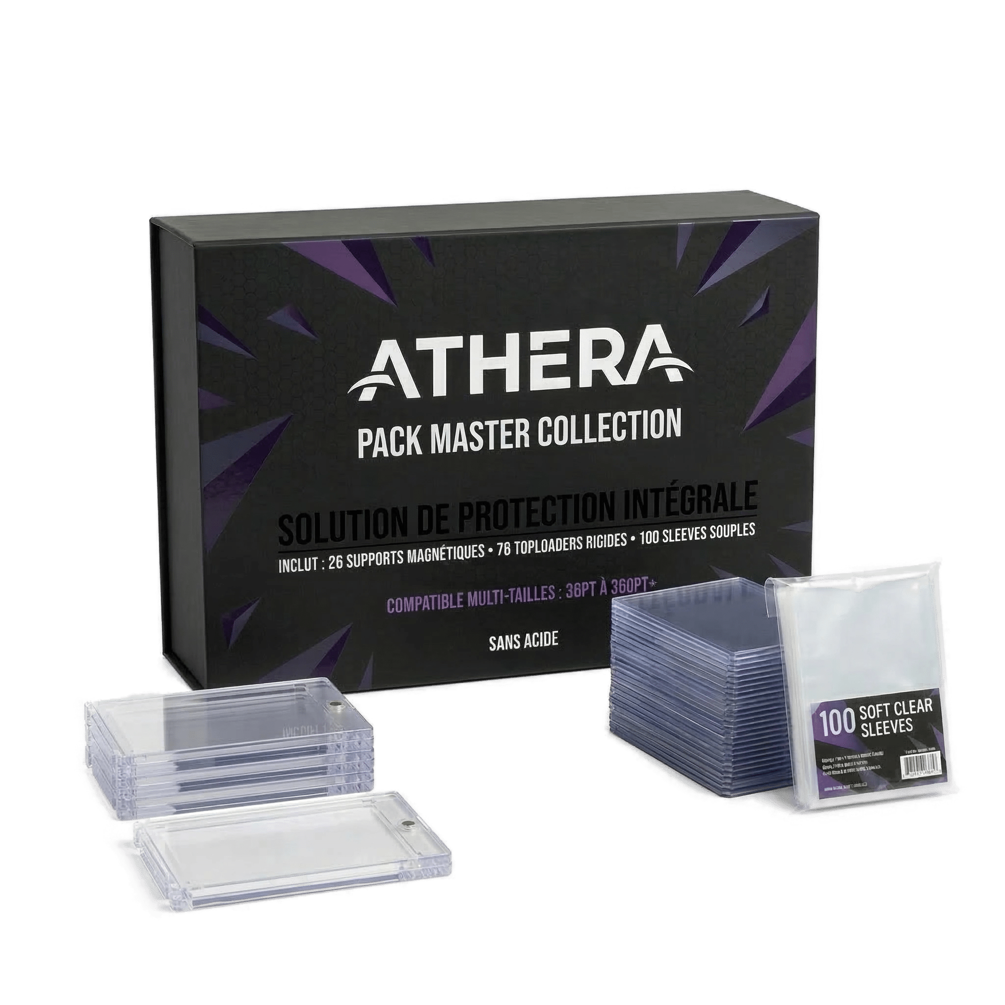 Pack Master Collection ATHERA 76 Toploaders rigides + 26 Supports magnétiques + 100 Sleeves soft — Solution intégrale - ATHERA360